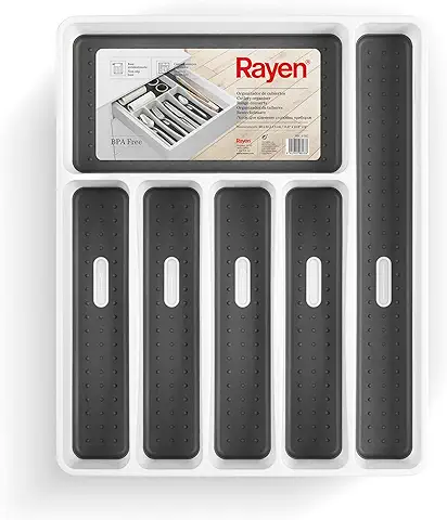 Rayen | Organizador de Cubiertos | 6 Compartimentos | Organizador Cajón Cocina | Patas Antideslizantes | Polipropileno | Blanco | Medida: 40x32,5x5 cm  