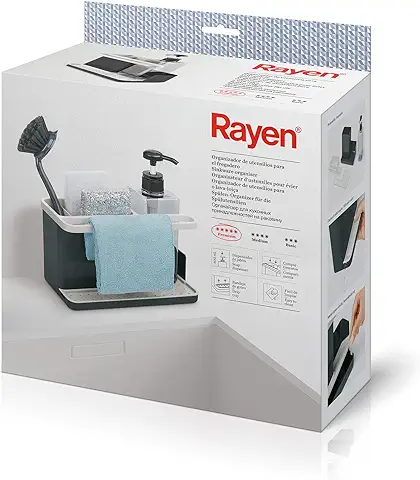 Rayen | Organizador de Utensilios para Fregadero, Gama Premium, Bandeja de Goteo, Fácil de Limpiar, Compartimentos, Dispensador de Jabón, Gris Claro Y Gris Oscuro  