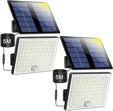 Realky Lampara Solar Exterior con Sensor de Movimiento, foco led Exterior Solares 113 LED 2000mAh 4 Modes, luz Exterior Solar Potente Lamparas Solares Exterior Jardin con Cable de 5 m, 2 Piezas  