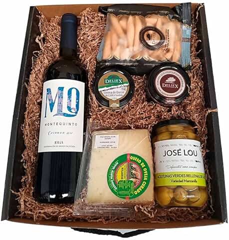 Regalo Caja Picoteo 11 - Vino Montequinto Crianza, Quesos en Cuña y para Untar, Paté de Jamón, Aceitunas y Colines.  