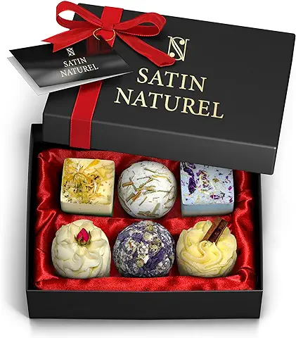 Regalos Originales para Mujer - Caja Regalo 6 Bombas de Baño Orgánicas - Con Aceites Esenciales - Set Regalo Mujer - Antiestres – Natural Vegano- Regalo para Mujer - Satin Naturel  