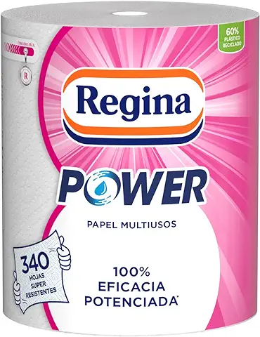 Regina Power Papel Multiusos | 1 Rollo Aún Más Largo | 340 Hojas de 2 Capas | Ideal para Limpiar Superficies Domésticas | Embalaje Reciclable | Papel 100% Certificado FSC  