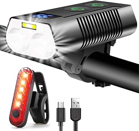 REHKITTZ Luz Bicicleta Super Luminoso 3300 Lumen, Antiniebla e Pantalla de Potencia, Luces Delantera y Trasera USB Recargable, Luces Espera Ultralarga  