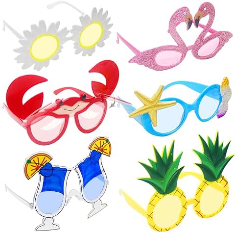 REKALRO Gafas de Fiesta 6 Pares, Gafas Divertidas, Juego de Gafas de Fiesta Tropical Hawaianas para Accesorios de Fiesta de Verano, Decoraciones Temáticas de Piscina de Playa, Accesorios para Fotos  