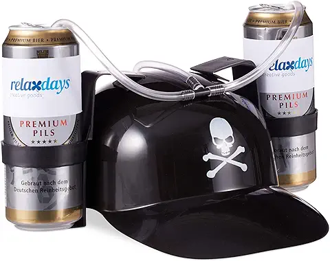 Relaxdays 4 Gorras Cerveza Pirata para Dos Latas, PVC, Pajita, 13 x 32 x 28 cm, Carnaval, Cascos para Fiestas, con Calavera, Negro  