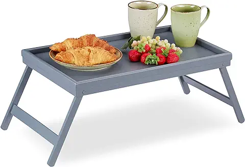 Relaxdays Bandeja Cama con Patas Plegables, Borde Elevado, Bambú, 22 x 63,5 x 31 cm, Gris  