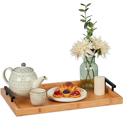 Relaxdays Bandeja de Bambú con Asas Acero, Rectangular, Servir el Desayuno, Cocina, Decorativa, 7 x 50 x 30 cm, Natural, Tablero de Fibra Inoxidable  