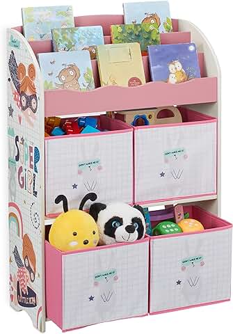 Relaxdays Estantería Infantil con Cajas, Estampados Superheorína, Armario Organizador Juguetes, 93x63x28 cm, Multicolor, Madera de Ingeniería  