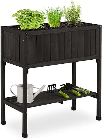 Relaxdays Huerto Urbano Madera de Abeto, Jardinera con Balda, Arriate Balcón y Terraza, 80x74x38 cm, Negro  