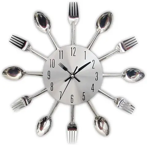 Reloj de Cocina Efecto Espejo con Diseño de Cuchara, Tenedor, Cubertería, Adhesivo Extraible en 3D para Decoración del Hogar  