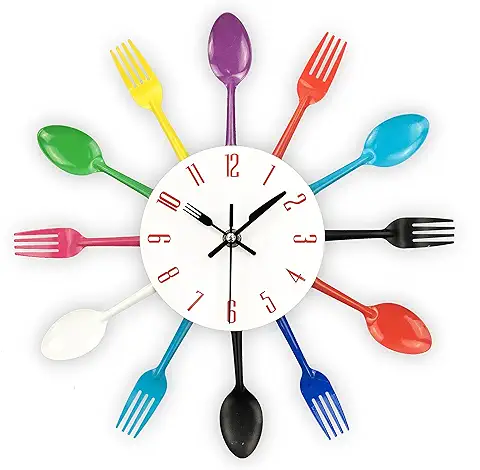 Reloj de Cocina Efecto Espejo con Diseño de Cuchara, Tenedor, Cubertería, Adhesivo Extraible en 3D para Decoración del Hogar  