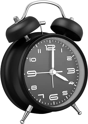 Reloj Despertador con Doble Campana de Vegena con luz Nocturna, Reloj Despertador Retro Analógico con Mecanismo de Cuarzo, Despertador para Niños, sin tic tac, Color Negro  