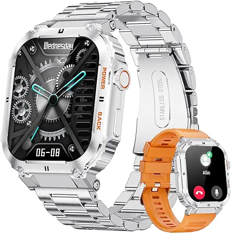 Reloj Inteligente Hombre con Llamadas Bluetooth,Smartwatch Hombre Deportivo con Pulsómetro Monitor Sueñode/100+Modos Deportes/2 Correas,1.96" HD Militar Smart Watch para Android iOS Plata  