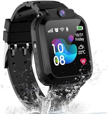 Reloj Inteligente Niño, GPS Smartwatch Niños con Telefónica SOS Llamadas IP68 Impermeable Pantalla Táctil Juegos Cámara Alarma, Reloj Inteligente Niña para Niños Estudiante Regalo 6-12 Años Negro  