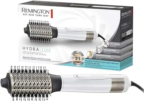 Remington AS8901 Hydraluxe - Cepillo de Aire, Moldeador de Pelo, Tecnología Hydracare, Cepillo Secador, Acondicionamiento Iónico, Cerámica, 1200W, 3 Temperaturas y 2 Velociades, Blanco  