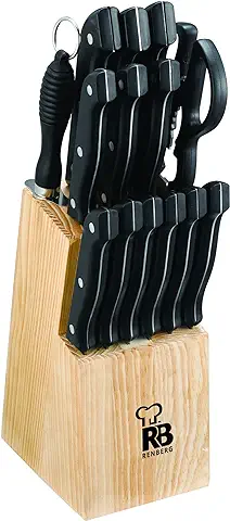 RENBERG Tenessy | Cuchillos de Cocina | Set Completo de 15 Piezas con Tacoma de Madera | Perfectos para Cortar Todo Tipo de Ingredientes | Cocina Profesional | Fabricados en Acero Inoxidable