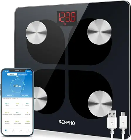 RENPHO Báscula de Grasa Corporal con Bluetooth - Báscula Elegante para Baño BMI Digital Escala, Analizador Recargable de Composición Corporal con USB y Aplicación  