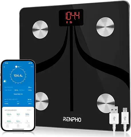 RENPHO Báscula de Grasa Corporal, Inteligente Bluetooth Wireless, para Baño, Digital, con App, Inalámbrica, Monitor de Composición Corporal para Peso Muscular, 28 x 28 cm, Recargable por USB  