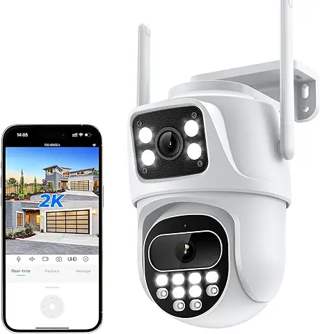 Reobiux 2K Camara Vigilancia WiFi Exterior con Doble Lente, Cámara IP Seguridad Domicilio, Visión Nocturna Color, Seguimiento Automático, Detección de Movimiento, Audio Bidireccional, IP66  