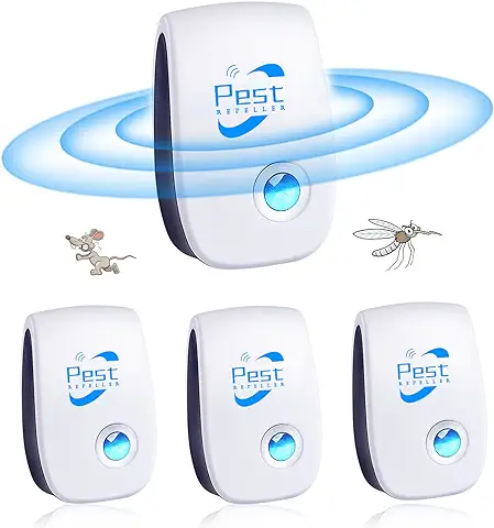 Repelente Ultrasónico de Plagas, 4 Pack Antimosquitos Electrónico Ultrasónico Mosquitos Interiores Repelente Mosquitos para Moscas, Arañas, Chinches, Hormigas  