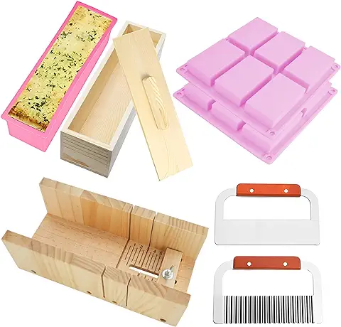 RETON Paquete de 8 Juego de Herramientas para Cortar Jabón, 1 x Molde de Corte de Madera, 1 x Molde de pan de Silicona Rectangular con caja y tapa de Madera, 2 x Cortador, 2 x Jabón para Cavidades  