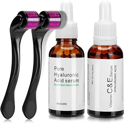 Rinvvenn Kit de Microagujas Rodillo Derma 4 en 1 + Suero de ácido Hialurónico + Suero de Vitamina C, 540 Titanio Microneedle (0,5 Mm+1,5 mm), Rejuvenece piel de la cara Cuello y Cuerpo  