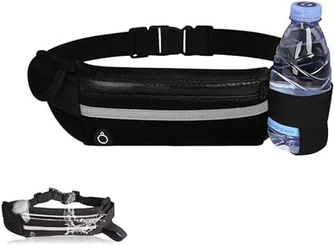 Riñonera para Correr Impermeable, Cinturón Running con Accesorios Portabotellas Portamóviles y Bolsillo, Belt Plano Deportivo, Trail Fanny Pack para Deportes. Flipbelt Unisex. (Negro)  