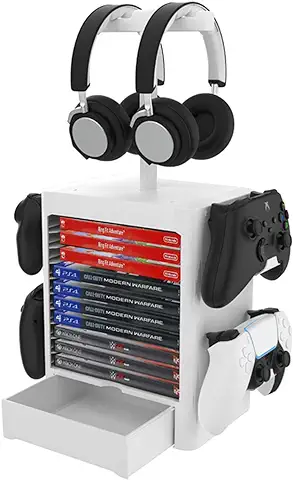 RIXOW Soporte Multifuncional de Almacenamiento de Juegos, Rack de Almacenamiento en Disco de 10 Juegos con Cajón, Soporte para Controlador Auricular Compatible con PS5 PS4 Xbox Series, Gris Claro