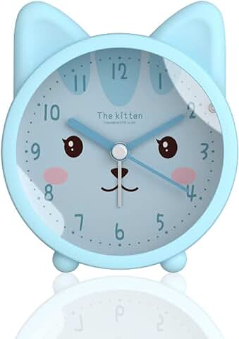 Roadtime Bonito Reloj Despertador de Animales para Niños, Reloj de Conejo/gato/ciervo, Reloj Despertador Silencioso de Escritorio con Retroiluminación (gato, Azul)  