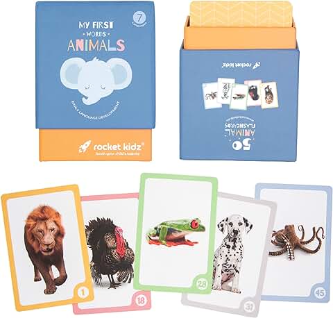 Rocket Kidz - Mis Primeras Palabras Animales - 50 Tarjetas bits de Animales para la Estimulación Temprana del Lenguaje de Bebés y Niños Pequeños [Métodos Montessori y Doman] [7 Idiomas]  