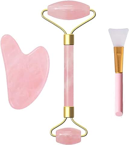 Rodillo de jade de Cuarzo rosa con Juego de Masaje Gua Sha (3 Piezas) TECHSTR Rodillo Facial para Tratamiento de Hinchazón de Ojos, Rostro y Cuello, Masajeador Facial de jade Natural y Regalo  