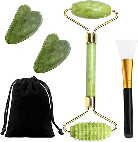 Rodillo de Jade Gua Sha jade Roller Facial Guasha para el Masaje Facial Kit Rodillo jade Autentico para Ojos, Cara, Cuello Herramientas de Belleza para el Rostro  