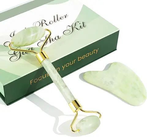 Rodillo de Jade, Jade Roller Gua Sha Set Masajeador Facial 100% Natural Face Roller Support Seguimiento con APP, Jade Roller para Rostro, Ojos, Antiarrugas y Cuello, Verde Claro  