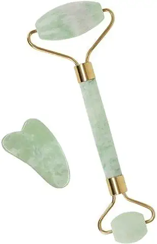 Rodillo de jade para la Cara, Rodillo de jade y Piedra Gua Sha para Hinchazón de los Ojos, Reafirmar la Piel, Rejuvenecer la cara y el Cuello, Rodillo de jade Natural, Rodillo Masaje Antiarrugas  