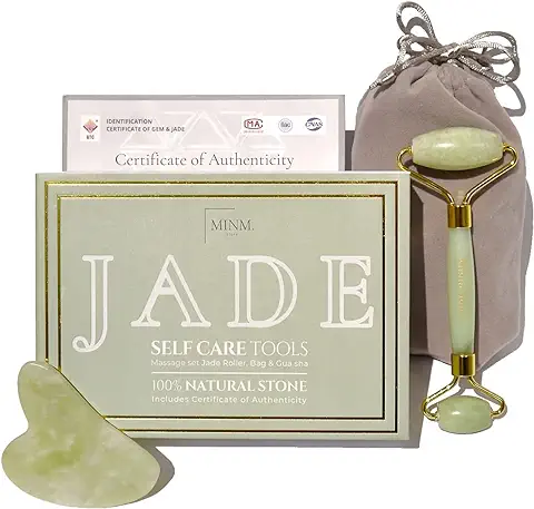 Rodillo de Jade y Gua Sha | Certificado Auténtico 100% Natural | Cuarzo Rosa Masaje Facial | Jade Roller Masajeador cara Cuello Espalda Piernas | Bolsa Viaje | Antiarrugas | Antiedad (Verde)  