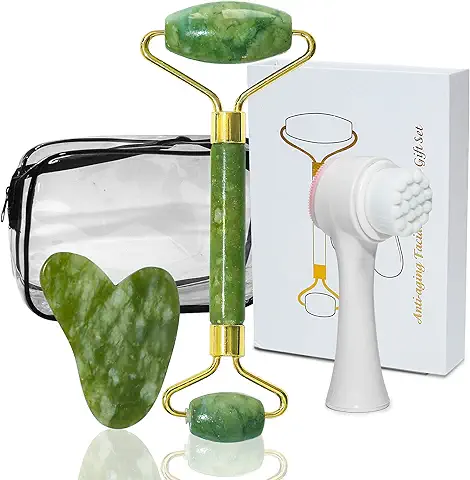 Rodillo de Jade y Gua Sha con Cepillo de Limpieza Facial y Bolsa de Maquillaje de Viaje de PVC,Rodillo Facial y Masajeador de Piedra de Cucaracha para la Belleza y el Cuidado de la Piel  