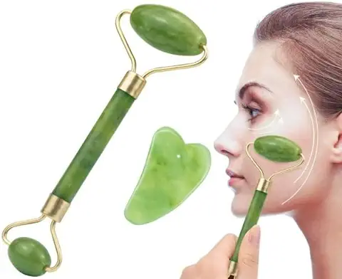 Rodillo Masajeador Facial De Jade Doble De Dos Tamaños Con Piedra Gua Sha Natural Para La Cara Y El Contorno De Los Ojos  