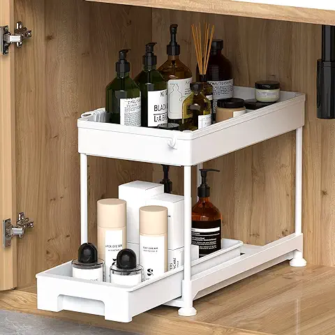 Ronlap Organizador de Cocina para Debajo del Gabinete 2 Niveles Estante de Almacenamiento Multiusos con Ganchos para Cocina, Baño, Lavandería, Blanco  