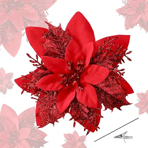 Roqueen 15 Piezas 14CM Flores Artificiales de Navidad Poinsettia Parpadeo con Clips Tallos Árbol de Navidad Adornos para Guirnalda Fiesta Boda Año Nuevo Decoración (Rojo)  