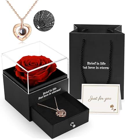 Rosa Real Preservada, Eterna Hecha a Mano, con Collar, Regalos Originales Románticos para Novia, Mujer, San Valentín, Aniversario, Día de la Madre, Bodas, Cumpleaños, Navidad.  