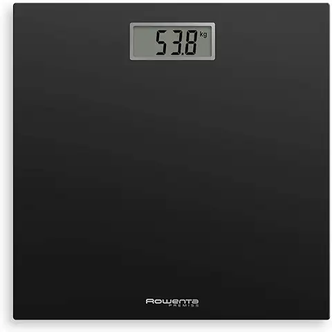 Rowenta BS1400 Premiss - Báscula de Baño con Pantalla LCD, de Diseño fino de 2cm de Alto, Hasta 150 kg y 100 gr de Precisión, Encendido y Apagado Automático, Negro  