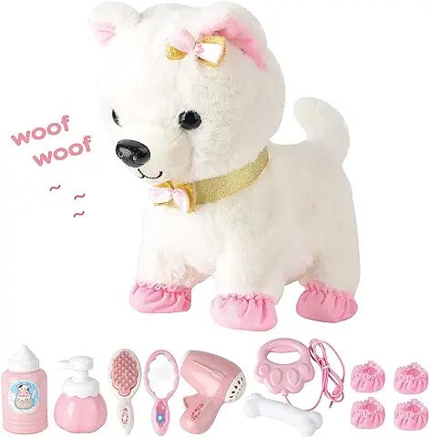 RuiDaXiang Perro de Juguete Mascota Que Ladra y Anda,Niños Peluche Interactivo Electrónico Cachorro Mascota con Correa de Control Remoto & Accesorios,para Niñi/niñas de 3-6 (Blanco)  