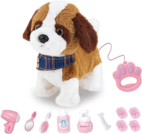 RuiDaXiang Perro de Peluche con Correa de Control Remoto, Cachorro Interactivo Realista para Mascotas, Caminar, Ladrar y Menear la Cola, Incluye Accesorios para Cachorros(Paxney)  
