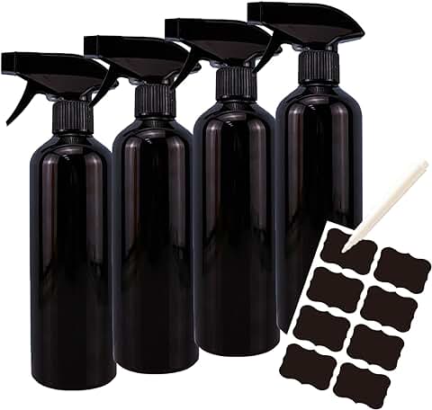 Ruikdly 4PCS Botella de Spray Vacías de Plástico de 500 ml, Pulverizador Agua de Limpieza Negro Bote Spray Pulverizador, Spray Agua Pulverizador para Plantas/Jardín/Limpieza, con 8 Pegatina1 Bolígrafo  