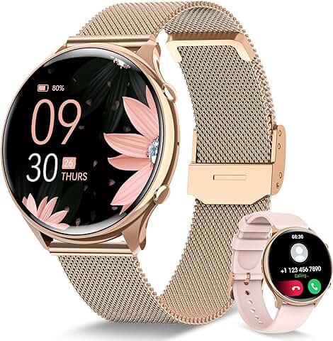 RUXINGX Reloj Inteligente Mujer con Llamada 5.3, Smartwatch Mujer Seguimiento del Periodo, 120+ Modos Deportes, Pulsómetro, SpO2, Monitor Sueño, Podómetro para Android iOS Oro, Regalo Mujer  