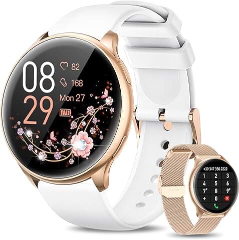 RUXINGX - Reloj Inteligente para Mujer con Llamada Bluetooth, Función Femenina 120+ Modos Deportivos SpO2 Frecuencia Cardíaca Sueño Tensión Arterial, Podómetro Calorías IP68 iOS Android, oro Blanco  