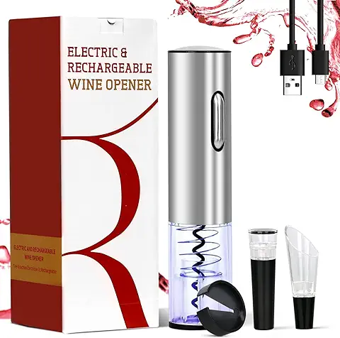 Sacacorchos Eléctrico - GOSCIEN Recargable Automático Abridor de Botellas de Vino, Acero Inoxidable Profesional Abrelatas de Vino Set con Cortador de Hoja (plata)  