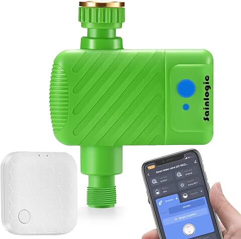 Sainlogic Programador Riego Automatico WiFi, Temporizador Riego con Smart Hub WiFi 2.4 GHz, Control Remoto App, El Acoplamiento de Grifo de Agua ½ ¾ 1 Son Aplicables, Jardín, Césped (Verde)  