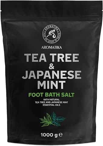 Sal de Baño para Pies con Aceite de Árbol de Té y Aceite de Menta Japonesa 1000g - Sal Marina Natural Baño de Pies - Pedicura - Remojo Uñas - Sal para Remojar los Pies - Cuidado de Pies  