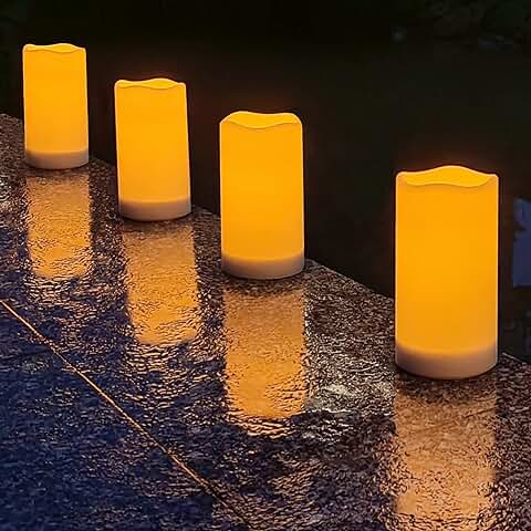 Salipt Impermeable Velas Solares, Luz de con Velas sin Llama con Energía Solar Parpadeante, Exterior para Navidad, Decoración del día de San Valentín, de Fiesta, Cumpleaños, Bodas, US 4 Piezas  